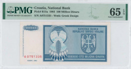 CROATIA: 100 million Dinara (1993) in blue-black on light blue and gray unpt. Coat of arms at left on face. S/N: "A 0751335". WMK: Greek design repeat...