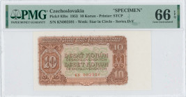 CZECHOSLOVAKIA: Specimen of 10 Korun (1953) in brown on light green and orange unpt. Coat of arms at left on face. S/N: "KN002591". Perforated with 3 ...