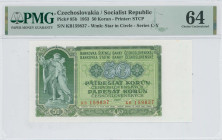 CZECHOSLOVAKIA: 50 Korun (1953) in green on light green unpt. Statue of partisan with Russian soldier at left on face. S/N: "KB 159837". WMK: Star in ...