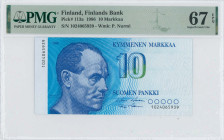 FINLAND: 10 Markkaa (1986) in deep blue and green unpt. Paavo Nurmi at left on face. S/N: "1024065939". WMK: Nurmi. Inside holder by PMG "Superb Gem U...