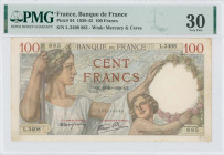 FRANCE: 100 Francs (19.10.1939) in brown and multicolor. Woman and child with background of Paris on face. S/N: "L.3408 885". WMK: Mercury & Ceres. In...