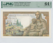 FRANCE: 1000 Francs (28.1.1943) in brown and multicolor. Ceres seated with Hermes at right on face. S/N: "P.3619 709". WMK: Hermes. Inside holder by P...