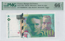 FRANCE: 500 Francs (1994) in dark green and black on multicolor unpt. Marie and Pierre Curie at center-right on face. S/N: "N 026806762". WMK: M Curie...