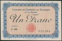 FRANCE / BESANCON: 1 Franc (1.8.1920) in blue on pink unpt. Value in black at center on face. S/N: "F156 025384". Without watermark. Staple holes at l...