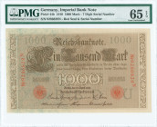 GERMANY: 1000 Mark (21.4.1910) in brown. Seven digit S/N: "9286829 N". Red seal. Inside holder by PMG "Gem Uncirculated 65 EPQ". (Pick 44b).