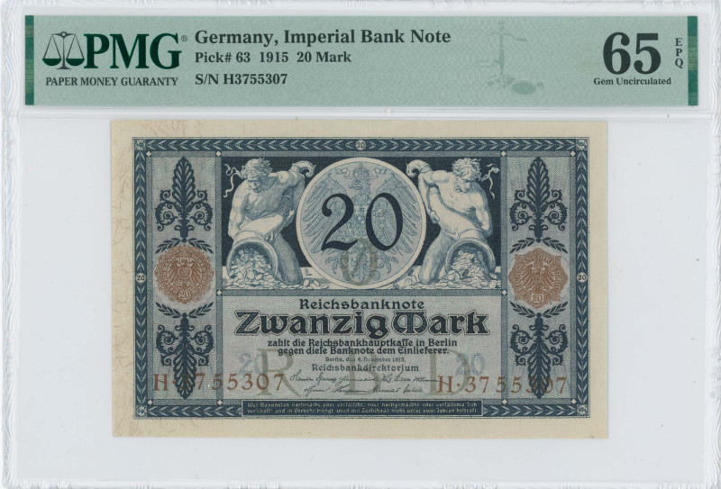 GERMANY: 20 Mark (4.11.1915) in dark blue on light blue unpt. Two men with cornu...