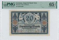 GERMANY: 20 Mark (4.11.1915) in dark blue on light blue unpt. Two men with cornucopias filled with money at upper center on face. S/N: "H 3755307". In...