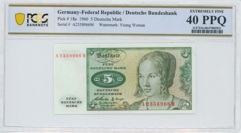 GERMANY / FEDERAL REPUBLIC: 5 Deutsche Mark (2.1.1960) in green on multicolor un...