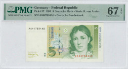 GERMANY / FEDERAL REPUBLIC: 5 Deutsche Mark (1.8.1991) in green and olive-green on multicolor unpt. Bettina von Arnim (1785-1859) at right on face. S/...