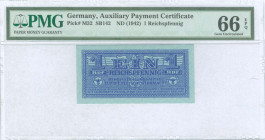 1 Reichspfennig (ND 1942) in dark blue. Eagle with small swastika in unpt at center on face. Wermacht notes of German armed forces. Uniface. WMK: Patt...