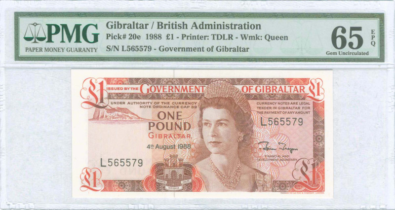 GIBRALTAR: 1 Pound (4.8.1988) in brown and red on multicolor unpt. Queen Elizabe...