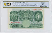 GREAT BRITAIN: 1 Pound (ND 1934) in green. Seated Britannia at upper left on face. S/N: "28M 373742". Paper without security thread. Signature by K O ...