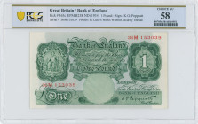 GREAT BRITAIN: 1 Pound (ND 1934) in green. Seated Britannia at upper left on face. S/N: "36M 153039". Paper without security thread. Signature by K O ...