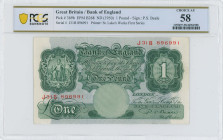 GREAT BRITAIN: 1 Pound (ND 1950) in green. Seated Britannia at upper left on face. S/N: "J31B 896991". Paper with security thread. Signature by P S Be...