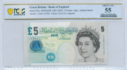 GREAT BRITAIN: 5 Pounds {2002 (ND 2004)}01n brown and green on multicolor unpt. Queen Elizabeth II at right on face. S/N: "LC64 414706". Signature by ...