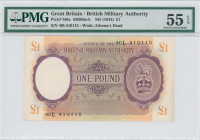 GREAT BRITAIN: 1 Pound (ND 1943-45) in purple on orange and green unpt. Coat of arms of the British army at right on face. S/N: "40L 410115". Block "L...