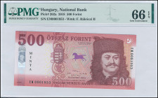 HUNGARY: 500 Forint (2018) in multicolor. Portrait of Prince Ferenc Rakoczi II at right and coat of arms at center-left on face. S/N: "EM 0001953". WM...