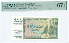 ICELAND: 100 Kronur [Law 1961 / (ND 1981)] in dark green on multicolor unpt. Professor Arni Magnusson at right on face. S/N: "C 18651309". WMK: J Sigu...