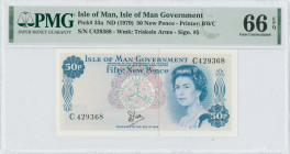 ISLE OF MAN: 50 New Pence (ND 1979) in blue on multicolor unpt. Queen Elizabeth II at right and coat of arms at center on face. S/N: "C 429368". WMK: ...