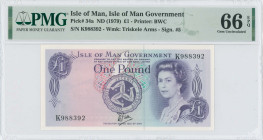 ISLE OF MAN: 1 Pound (ND 1979) in purple on multicolor unpt. Queen Elizabeth II at right and coat of arms at center on face. S/N: "K 988392". WMK: Tri...