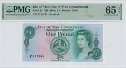 ISLE OF MAN: 1 Pound (ND 1983) in green on multicolor unpt. Triskele coat of arms at lower center and young portrait of Queen Elizabeth II at right on...