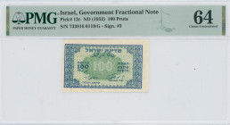 ISRAEL: 100 Pruta (ND 1952) in blue on green umpt. S/N: "733916 0119/G". Signature #3. Printed by (Israel Government Printing Press). Inside holder by...