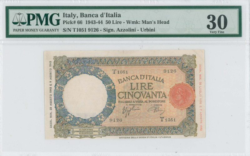 ITALY: 50 Lire (23.8.1943) in blue-violet and yellow brown on orange and yellow ...