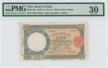 ITALY: 50 Lire (23.8.1943) in blue-violet and yellow brown on orange and yellow unpt. Seal at right & "LAQUILA" at end of imprint on face. S/N: "T1051...