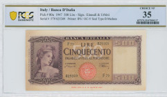 ITALY: 500 Lire (20.3.1947) in purple on light brown unpt. Italia at left on face. S/N: "F79 025309". Signatures by Einaudi & Urbini. Printed by IPS/O...