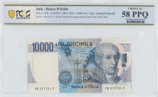 ITALY: 10000 Lire (Law 3.9.1984) in dark blue on multicolor unpt. Lab instrument at center and A Volta at right on face. S/N: "FD 317721 F". WMK: A Vo...