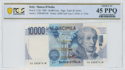 ITALY: 10000 Lire (Law 3.9.1984) in dark blue on multicolor unpt. Lab instrument at center and A Volta at right on face. S/N: "YH 948974 W". WMK: A Vo...