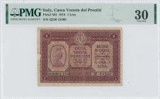 ITALY: 1 Lira (2.1.1918) in lilac. Personification of Italia at left on face. S/N: "Q350 15360". Inside holder by PMG "Very Fine 30 / Paper Pull". (Pi...