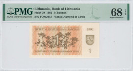 LITHUANIA: 1 Talonas (1992) in brown on orange and ochre unpt. Value on plant at center and dark brown shield of coat of arms at right on face. S/N: "...