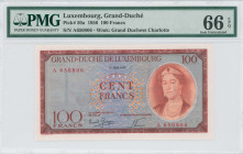 LUXEMBOURG: 100 Francs (15.6.1956) in red-brown on blue and multicolor unpt. Portrait of Grand Duchess Charlotte with tiara at right on face. S/N: "A ...