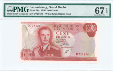 LUXEMBOURG: 100 Francs (15.7.1970) in red on multicolor unpt. Grand Duke Jean at center-left on face. S/N: "D 728424". WMK: Grand Duke Jean. Inside ho...