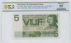 NETHERLANDS: 5 Gulden (26.4.1966) in green on multicolor unpt. Joost van den Vondel at right on face. S/N: "4JQ 011009". Gray paper with clear wmk. Pr...