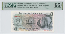 NORTHERN IRELAND: 5 Pounds (ND 1983) in black on light green and lilac unpt. Mercury at left and woman with harp at right on face. S/N: "H 542282". WM...