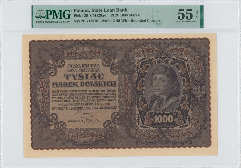 POLAND: 1000 Marek (23.8.1919) in purple on brown unpt. Portrait of T Kosciuszko...