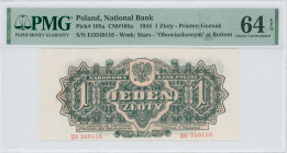 POLAND: 1 Zloty (1944) in dark green on orange unpt. Coat of arms at upper center on face. S/N: "EO 349116". WMK: Six-pointed star pattern. Printed by...