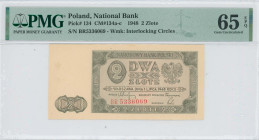 POLAND: 2 Zlote (1.7.1948) in dark olive-green on light olive-green and light orange unpt. Coat of arms at right on face. S/N: "BR 5336069". WMK: Larg...