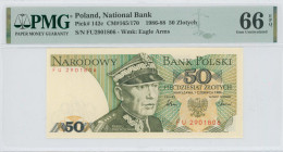 POLAND: 50 Zlotych (1.6.1986) in olive-green on multicolor unpt. K Swierczewski at center and eagle coat of arms at lower right on face. S/N: "FU 2901...