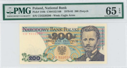 POLAND: 200 Zlotych (1.6.1982) in purple on orange and multicolor unpt. J Dabrowski at right on face. S/N: "CD 5220290". WMK: Eagle coat of arms. Prin...