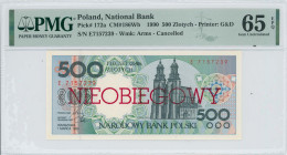 POLAND: Cancelled banknote of 500 Zlotych (1.3.1990) in black on green and multicolor unpt. Church in Gniezno at right and coat of arms at left on fac...