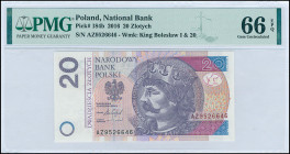 POLAND: Lot of 2 banknotes of 2x 20 Zlotych (15.9.2016) in purple and deep blue on multicolor unpt. King Boleslaw I on face. Consecutive S/Ns: "AZ 952...