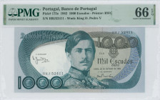 PORTUGAL: 1000 Escudos (26.10.1982) in blue and black on multicolor unpt. Dom Pedro V at right on face. S/N: "HRJ 52411". WMK: King D Pedro V. Printed...