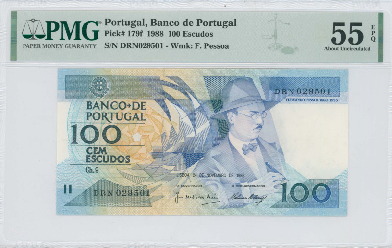 PORTUGAL: 100 Escudos (24.11.1988) in shades of blue on multicolor unpt. Fernand...