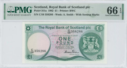 SCOTLAND: 1 Pound (3.5.1982) in dark green on multicolor unpt. Coat of arms at right on face. S/N: "C/58 358286". WMK: A Smith. Printed by BWC. Inside...