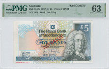 SCOTLAND: Specimen of 5 Pounds (25.3.1987) in black and blue-black on multicolor unpt. Lord Ilay at right on face. S/N: "2614". Red ovpt "NO VALUE" bo...