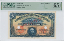 SCOTLAND: Specimen of 1 Pound (1.12.1927) in blue on yellow and orange. Portrait of John Pitcairn at bottom on face. Red diagonal ovpt "SPECIMEN" at c...