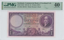 SCOTLAND: 1 Pound (3.1.1950) in lilac. Lord Cockburn at right on face. S/N: "26L 893148". WMK: Woman Head. Printed by BWC. Inside holder by PMG "Extre...